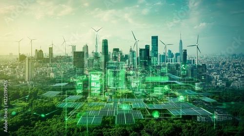 Net zero carbon transformation. A futuristic cityscape featuring green technologies, wind turbines, and solar panels, symbolizing sustainable urban development and eco-friendly innovation.