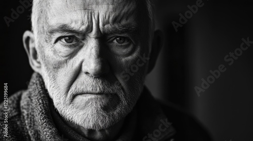 Somber monochrome portrait of a middle-aged man conveying deep emotions through selective focus in low light setting