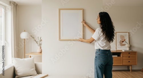 Woman Hanging Blank Picture Frame on Wall in Home Interior
