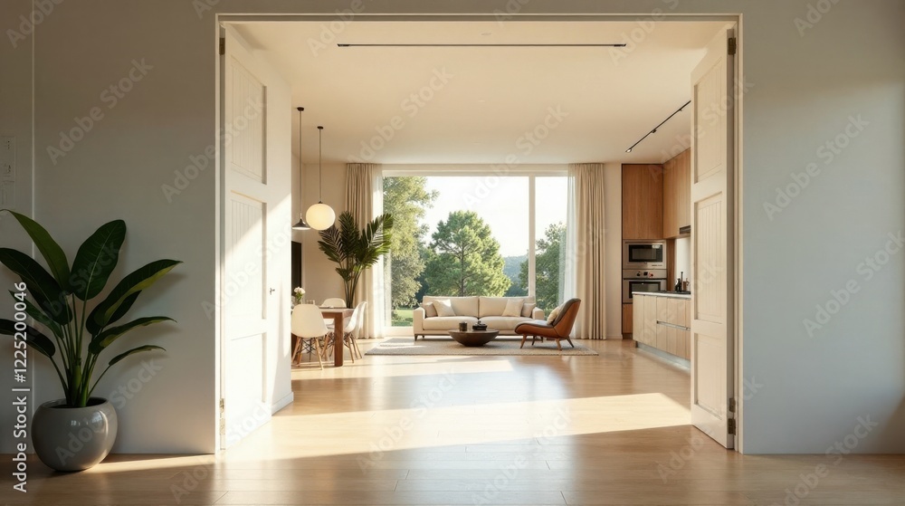 Obraz premium Sunlit Modern Home Interior Design Open Floor Plan with Kitchen, Dining, and Living Areas Featuring Natural Light and Minimalist Decor