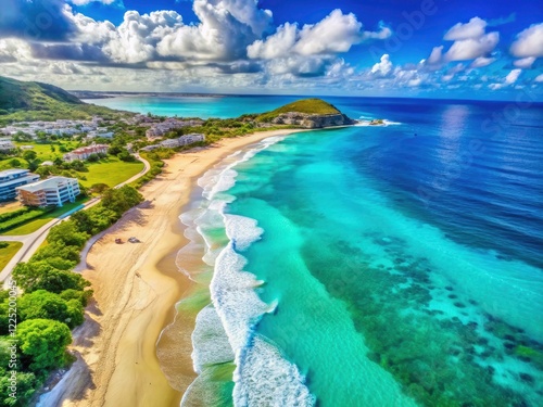 Cupecoy Beach: An aerial masterpiece of white sand, turquoise sea, and Caribbean paradise. photo