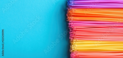 Fiber optic data concept. Colorful, vibrant straws arranged neatly against a blue background, showcasing a playful and fun aesthetic suitable for various occasions.