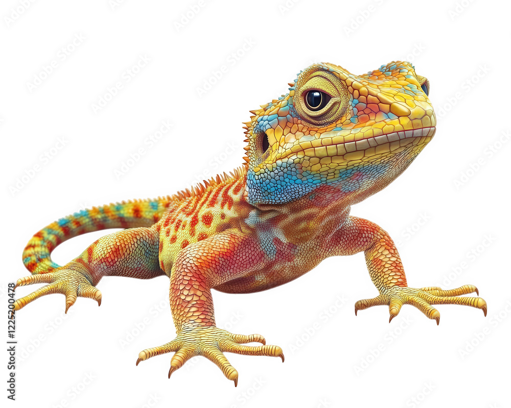 Naklejka premium vibrant lizard with colorful scales, showcasing intricate patterns and textures. This realistic depiction highlights its unique features and lively colors, making it eye catching subject