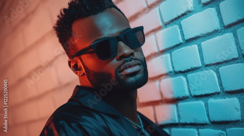 Stylish man in sunglasses striking a dramatic pose against a white brick wall illuminated by colorful night lighting. photo