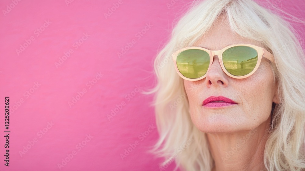 Mature blonde woman in stylish sunglasses against a pink background showcasing confidence and modern lifestyle trends Mature blonde woman in stylish sunglasses against a pink background showcasing confidence and modern lifestyle trends