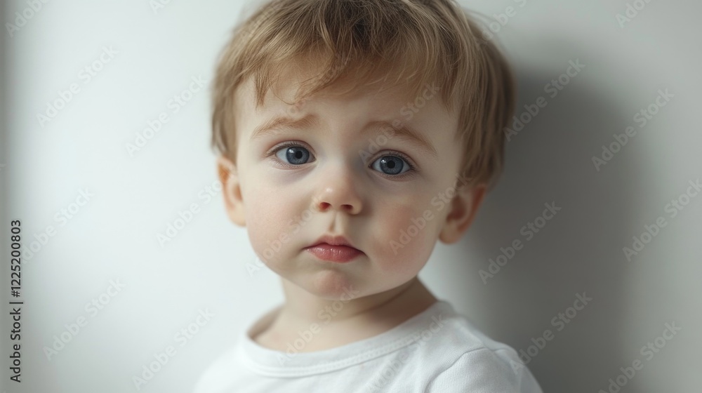 Toddler Boy with Sad Expression Reflecting Childhood Struggles Against a White Background Emphasizing Innocence and Emotional Depth Toddler Boy with Sad Expression Reflecting Childhood Struggles Against a White Background Emphasizing Innocence and Emotional Depth