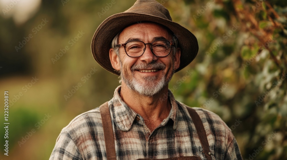Happy Professional Farmer Smiling Outdoors in Tattered Clothes and Hat Surrounded by Lush Greenery at Farm Happy Professional Farmer Smiling Outdoors in Tattered Clothes and Hat Surrounded by Lush Greenery at Farm