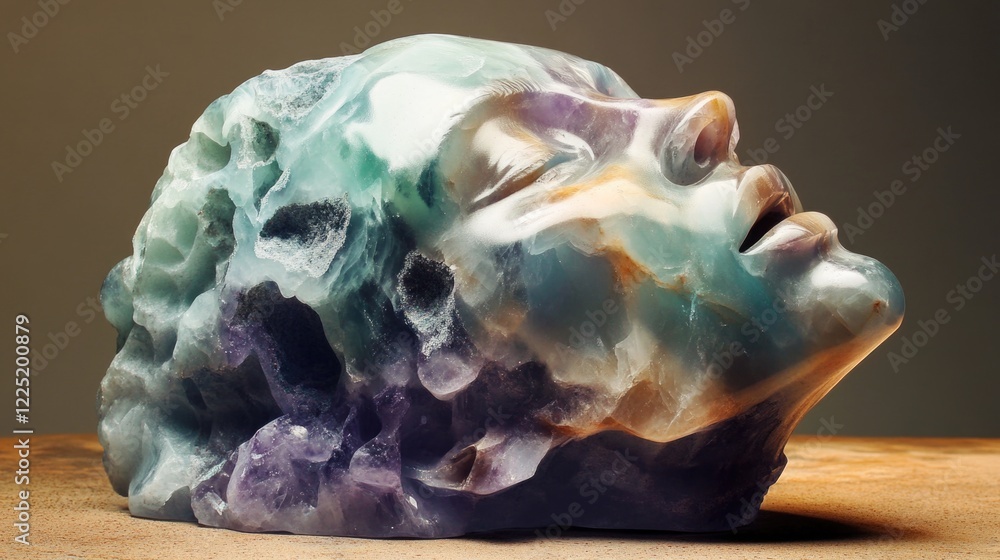 Fluorite Semi Polished Stone Art with Abstract Face Sculpture and Vibrant Color Palette Displayed on Wooden Surface Fluorite Semi Polished Stone Art with Abstract Face Sculpture and Vibrant Color Palette Displayed on Wooden Surface