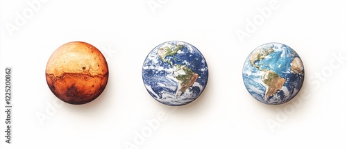 Wallpaper Mural Three planets aligned on white background showing mars and earth in different perspectives Torontodigital.ca