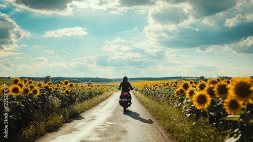 Wallpaper Mural A motorcyclist riding along a quiet country road bordered by sunflowers under a bright sky. digital Torontodigital.ca