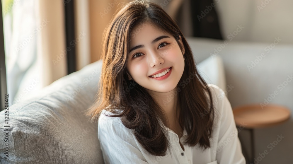 Happy young Asian woman smiling while relaxing on a cozy sofa in a beautifully decorated living room with natural light. Happy young Asian woman smiling while relaxing on a cozy sofa in a beautifully decorated living room with natural light.