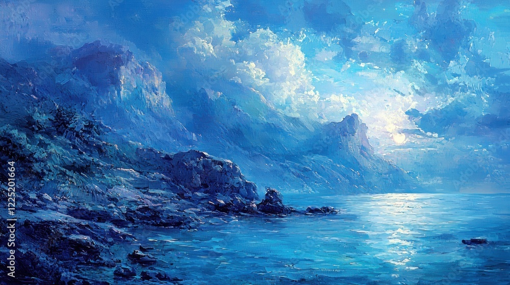 Serene coastal landscape painting with dramatic mountains and tranquil sea under a cloudy sky. Serene coastal landscape painting with dramatic mountains and tranquil sea under a cloudy sky.