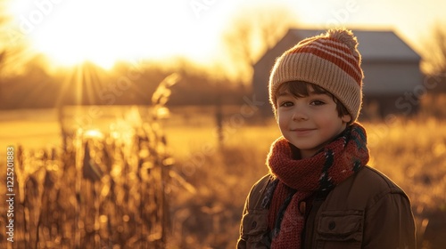 Portrait of a cheerful boy wearing a knitted cap and scarf against a golden sunset on a serene farm landscape. photo