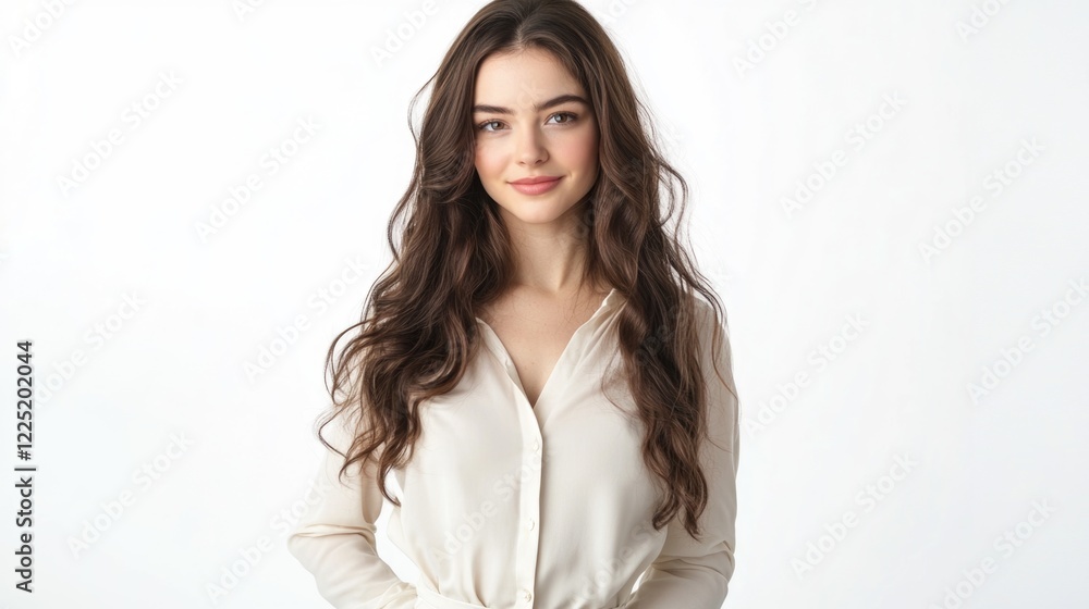 Confident young female businesswoman with long brunette hair smiling in a casual outfit against a white background in a studio setting. Confident young female businesswoman with long brunette hair smiling in a casual outfit against a white background in a studio setting.