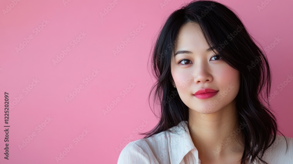 Fototapeta premium Attractive Asian woman portrait on soft pink background for beauty and advertising concepts showcasing confidence and style