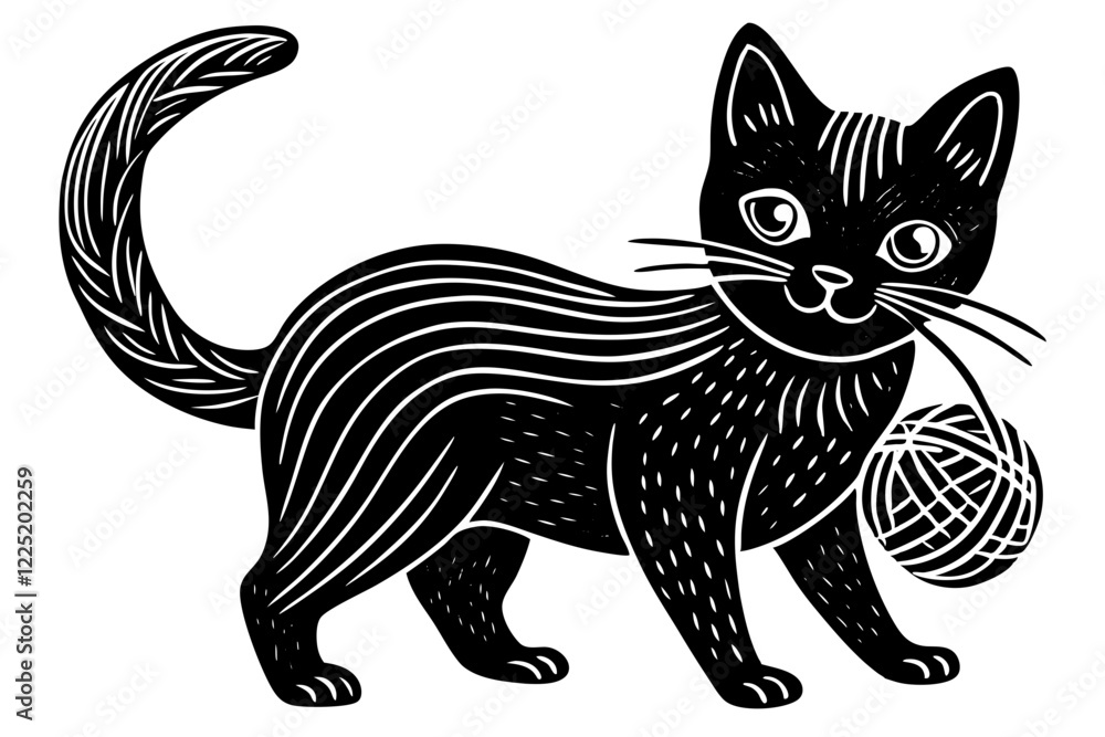 Black Cat with Ball of Yarn – Minimalist Black and White Lineart Vector Illustration Black Cat with Ball of Yarn – Minimalist Black and White Lineart Vector Illustration