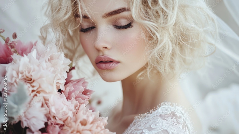 Fototapeta premium Elegant bride with curly blonde hair holding a lush wedding bouquet showcasing exquisite fashion makeup in a soft romantic setting