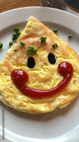 Creating a cute omelet with ketchup smiley face kitchen food art home close-up whimsical breakfast delight