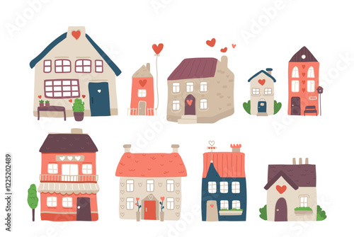 Cute house building exterior of love, passion and romance with heart shape symbols isolated set