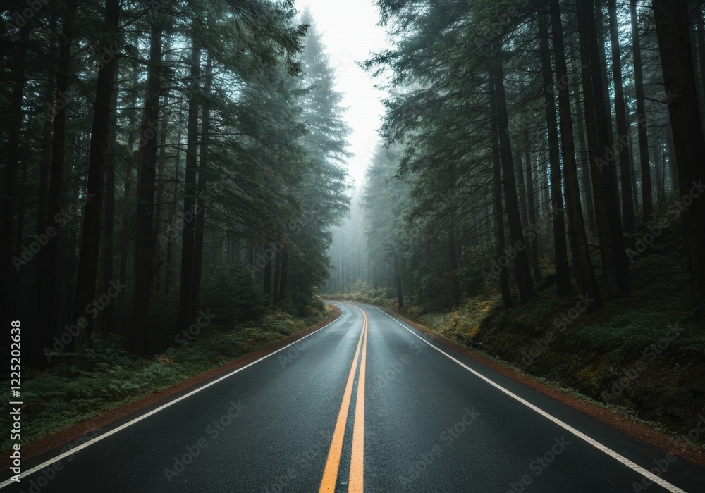 Obraz premium Misty forest road with tall trees and double yellow line under overcast sky