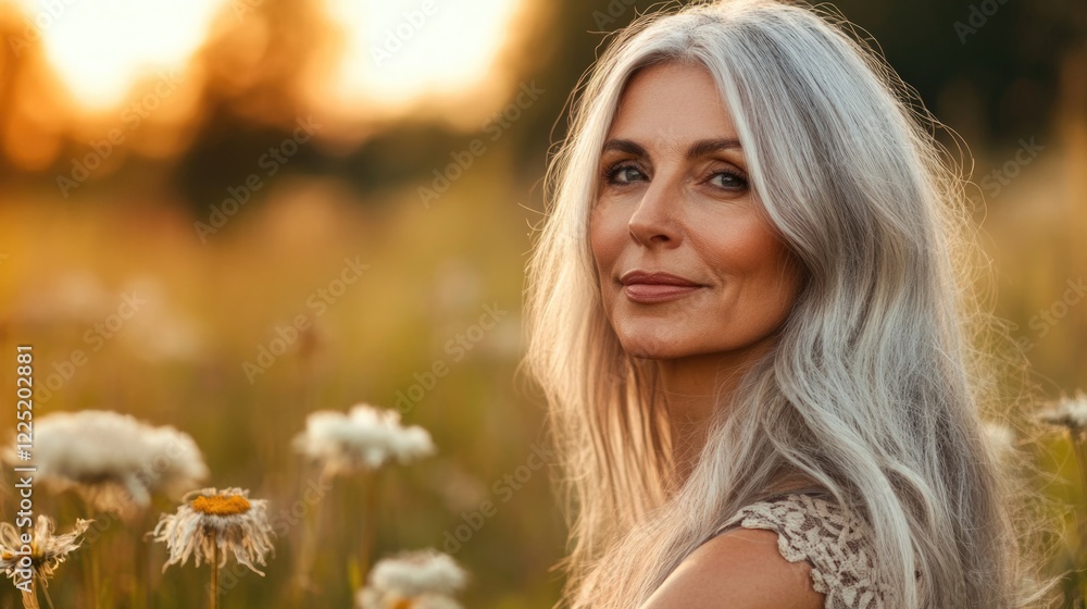 Portrait of a graceful middle-aged woman with long gray hair in a sunlit summer meadow filled with flowers. Portrait of a graceful middle-aged woman with long gray hair in a sunlit summer meadow filled with flowers.