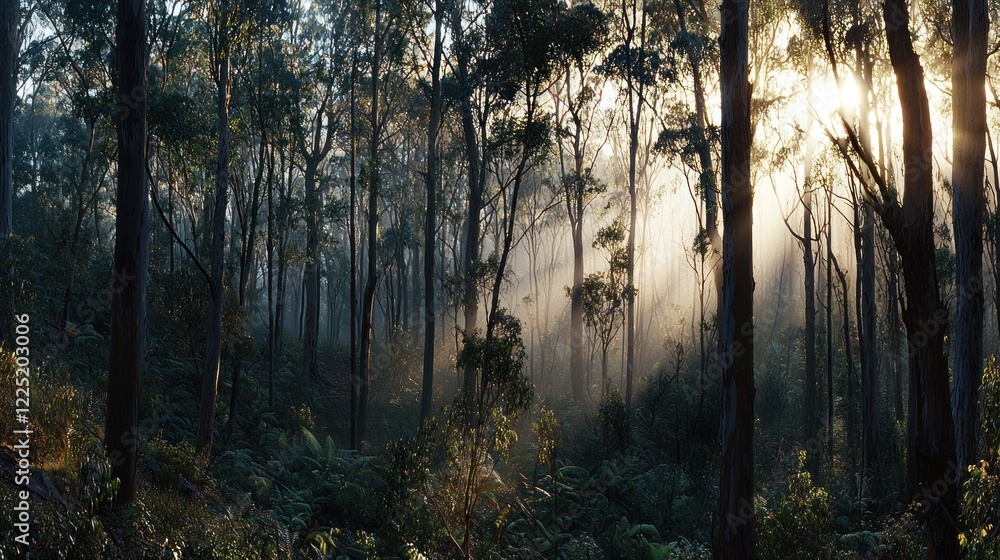 Obraz premium Sunbeams pierce misty forest at dawn.