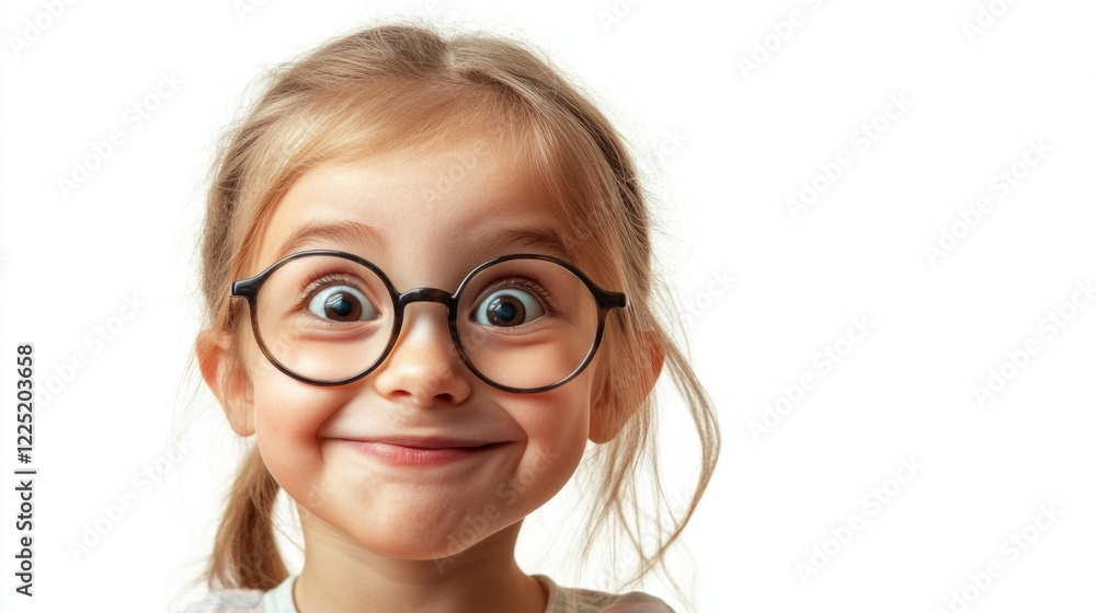 Happy girl with glasses joyfully smiling at the camera on a bright white background ideal for childhood education and happiness themes. Happy girl with glasses joyfully smiling at the camera on a bright white background ideal for childhood education and happiness themes.
