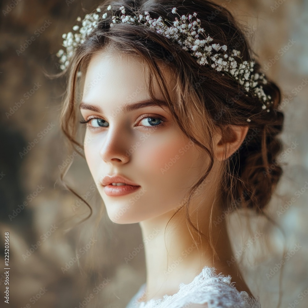 Fototapeta premium Elegant portrait of a young bride showcasing a stunning wedding hairstyle adorned with delicate floral accents in a romantic setting