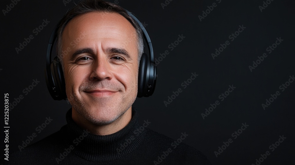 Smiling man enjoying music with headphones on a black background capturing a moment of relaxation and joy Smiling man enjoying music with headphones on a black background capturing a moment of relaxation and joy