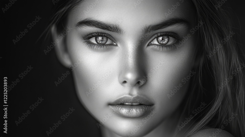 Fototapeta premium Serious girl portrait with captivating eyes in a striking black and white composition highlighting emotion and intensity.