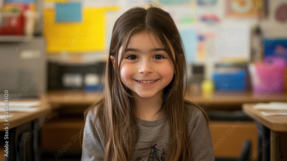 Smiling Young Girl in Classroom Environment Engaging in Learning Experience with Bright Background Elements Smiling Young Girl in Classroom Environment Engaging in Learning Experience with Bright Background Elements