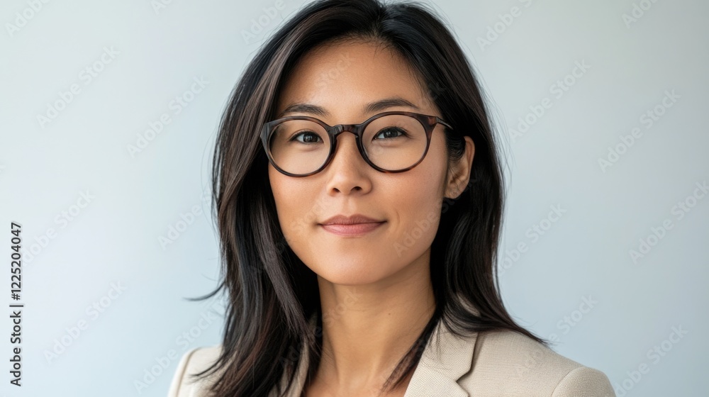 Professional portrait of a confident Asian businesswoman with glasses against a neutral background showcasing modern corporate style. Professional portrait of a confident Asian businesswoman with glasses against a neutral background showcasing modern corporate style.
