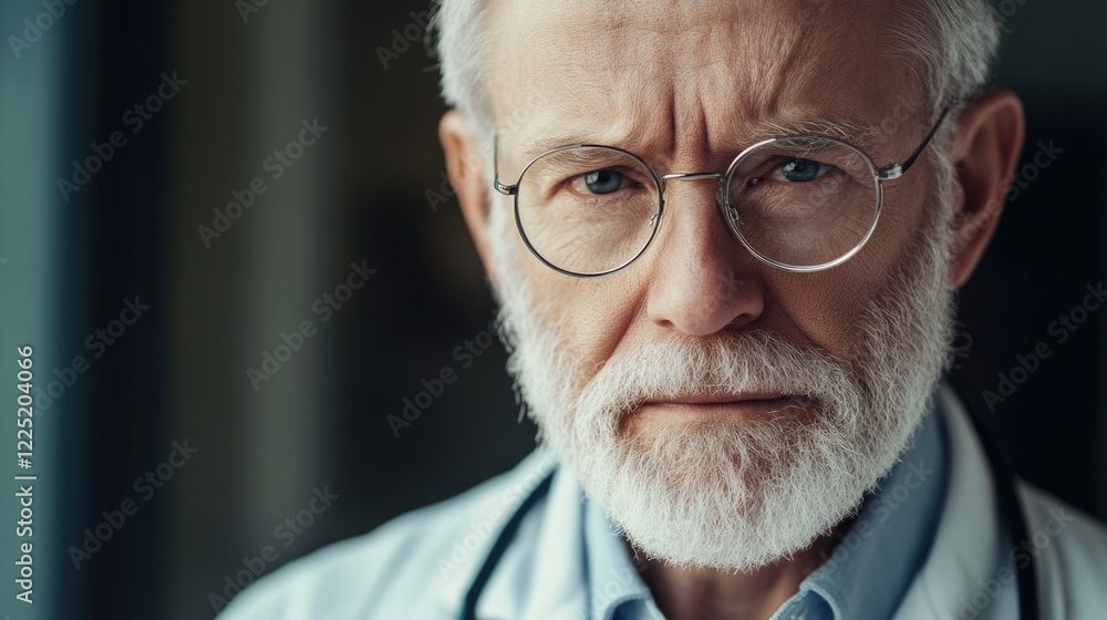 Serious male doctor with beard and glasses displaying a stern expression in a professional medical environment. Serious male doctor with beard and glasses displaying a stern expression in a professional medical environment.