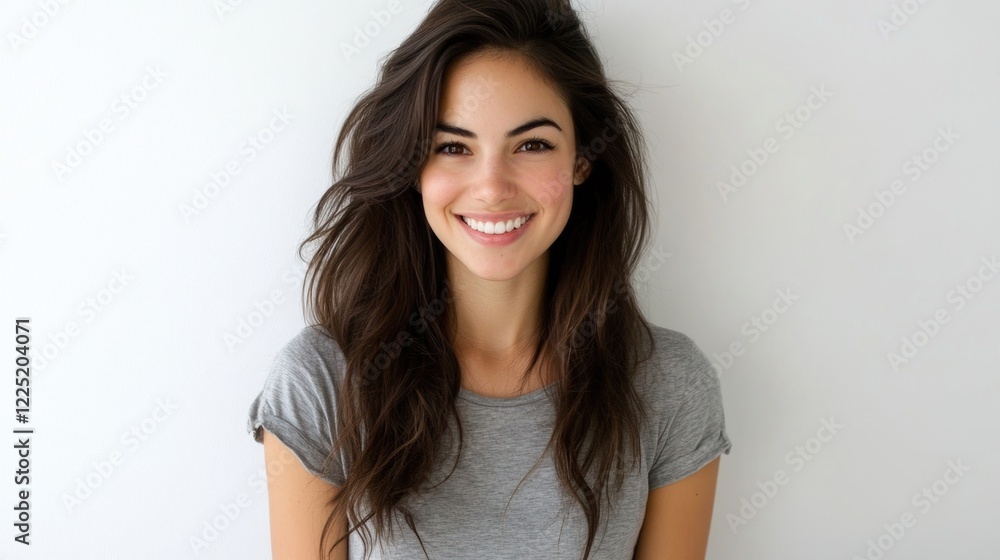 Stylish young woman with long brown hair smiling naturally in a grey t-shirt against a white studio background Stylish young woman with long brown hair smiling naturally in a grey t-shirt against a white studio background