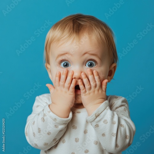 Surprised baby boy covering his face with hands on blue background expressing joy and playfulness ideal for children's product advertisements