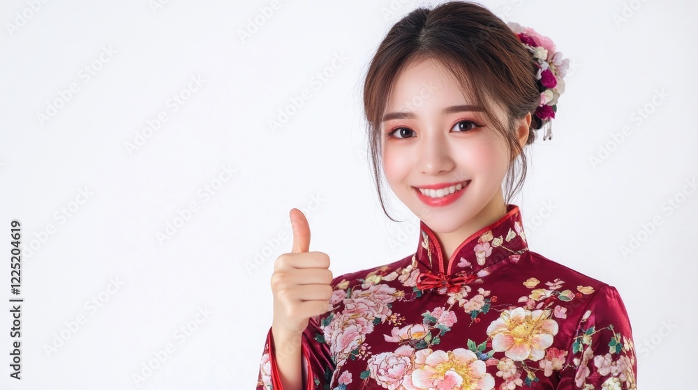 Young Asian woman in traditional qipao dress giving a thumbs up on a white background showcasing cultural attire and positive expression