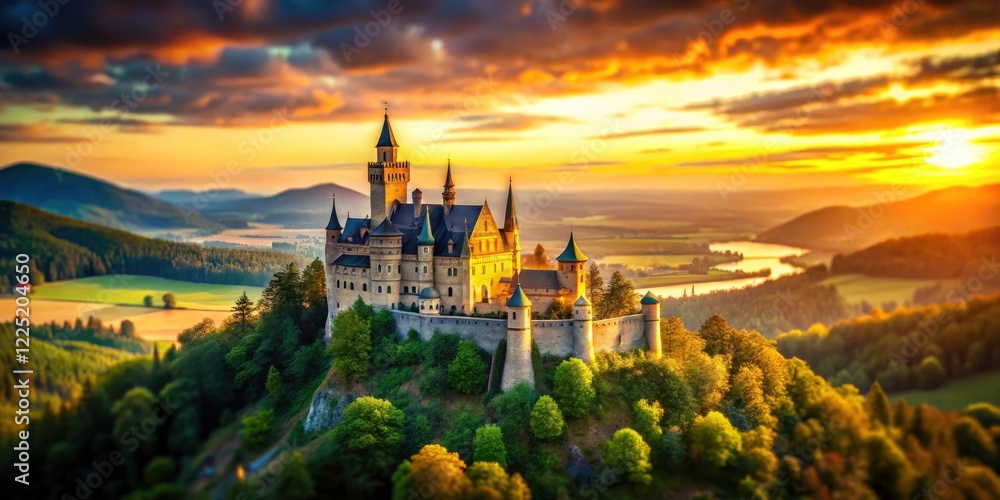 Fototapeta premium Dramatic tilt-shift photography transforms a craggy castle sunset into a fantastical miniature world.