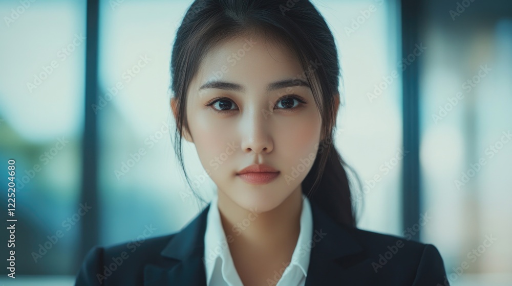 Obraz premium Confident young Asian businesswoman in formal attire posing for a professional portrait with a modern office background