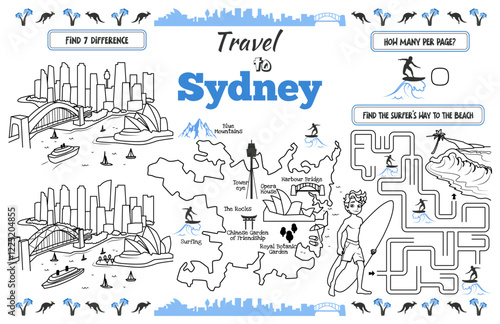 A fun placemat for kids. Printable “Travel to Sydney” activity sheet with a labyrinth and find the differences. 17x11 inch printable vector file