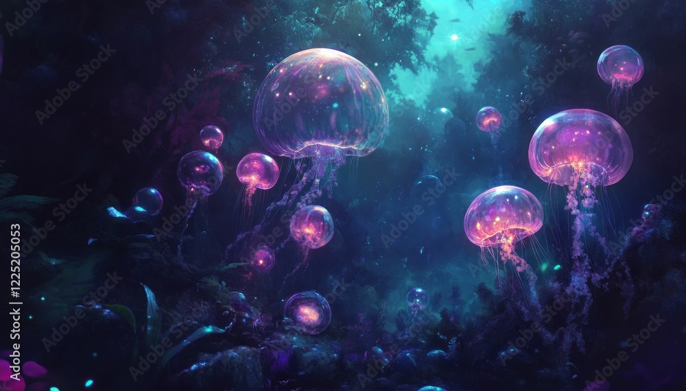 Naklejka premium Luminous jellyfish float gently in the deep ocean, their glow illuminating the dark waters