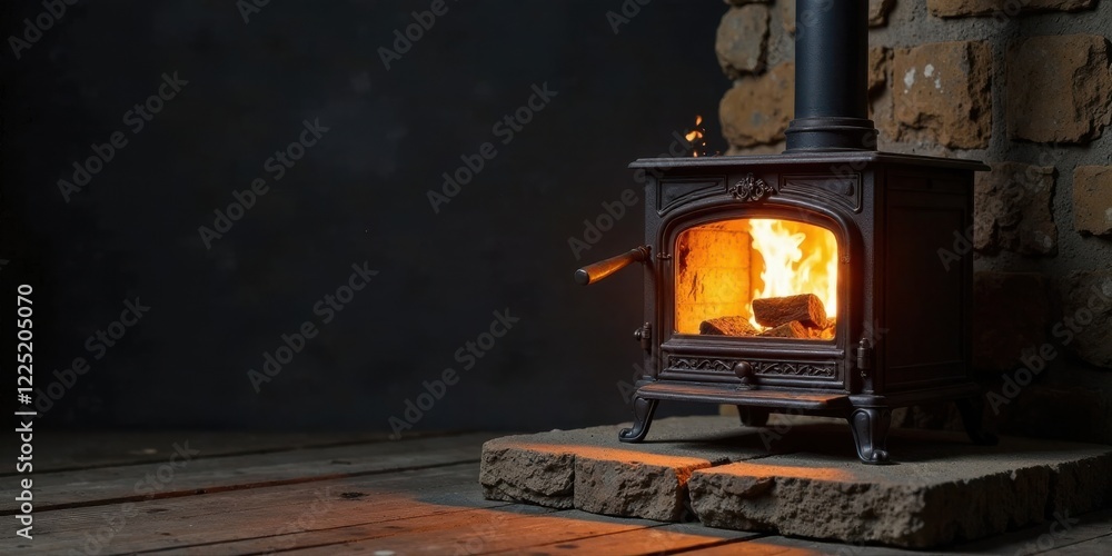 Obraz premium Warmth and comfort emanating from a rustic iron wood stove against a textured stone wall