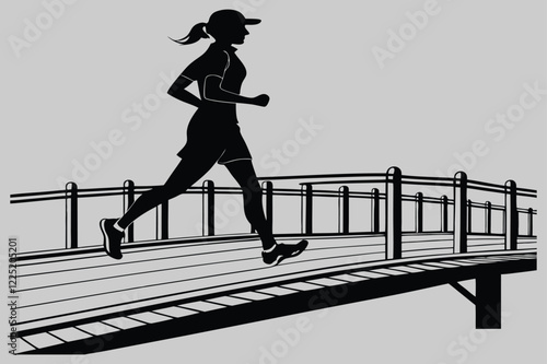 an woman jogging across a bridge silhouette vector design art and illustration