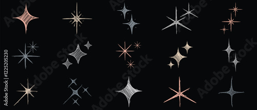 Hand drawn star sparkle shine of doodle set.Vector chalk graphic elements Charcoal pen drawn star shine glow, spark glitter, sparkle light.  vector illustration black background