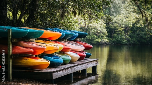 A row of colorful kayaks stored on a clean wooden rack by a lakeshore. digital