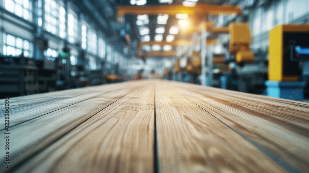 Blurred background of production line of the wooden floor factory. CNC automatic woodworking machine. Industrial background Blurred background of production line of the wooden floor factory. CNC automatic woodworking machine. Industrial background