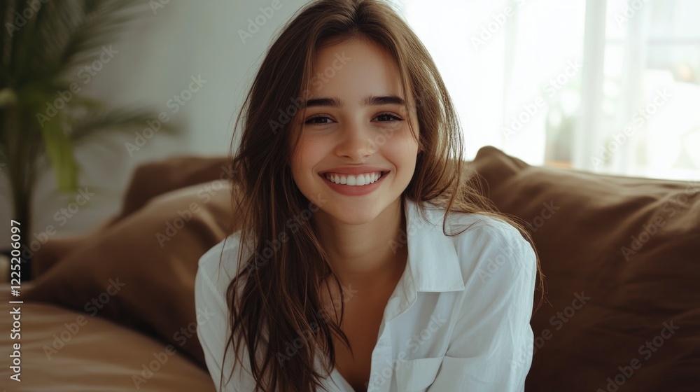 Smiling young woman with long brunette hair relaxing on sofa in cozy living room wearing casual shirt and natural makeup Smiling young woman with long brunette hair relaxing on sofa in cozy living room wearing casual shirt and natural makeup
