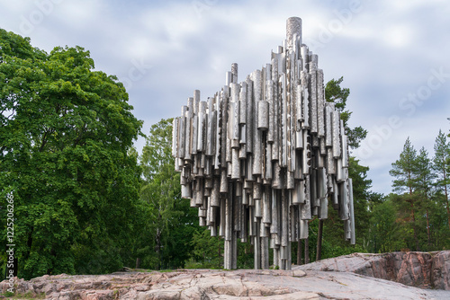 Sibelius abstract monument sculpture from pipes in the Park in Helsinki