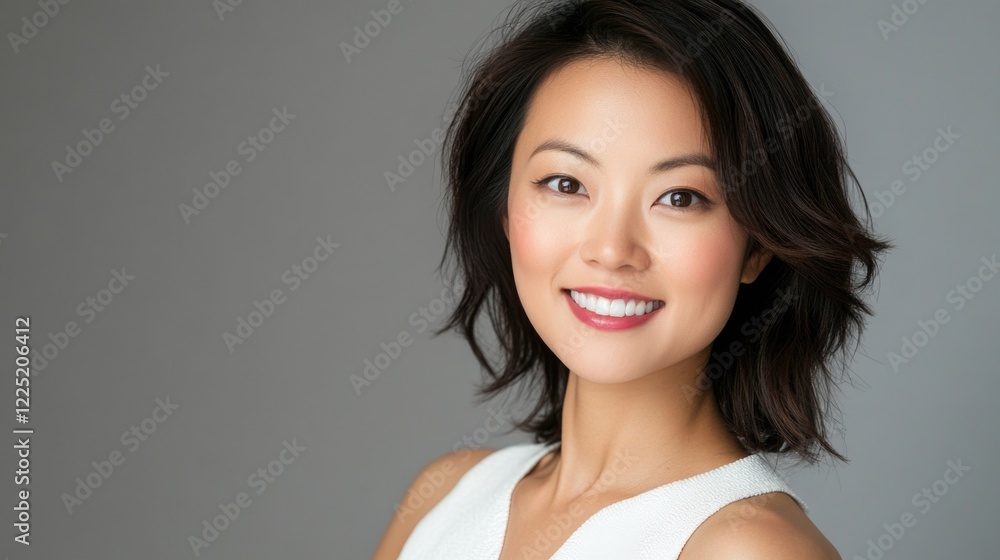 Smiling woman with short hair wearing a white top against a neutral background conveying warmth and positivity in portrait photography Smiling woman with short hair wearing a white top against a neutral background conveying warmth and positivity in portrait photography