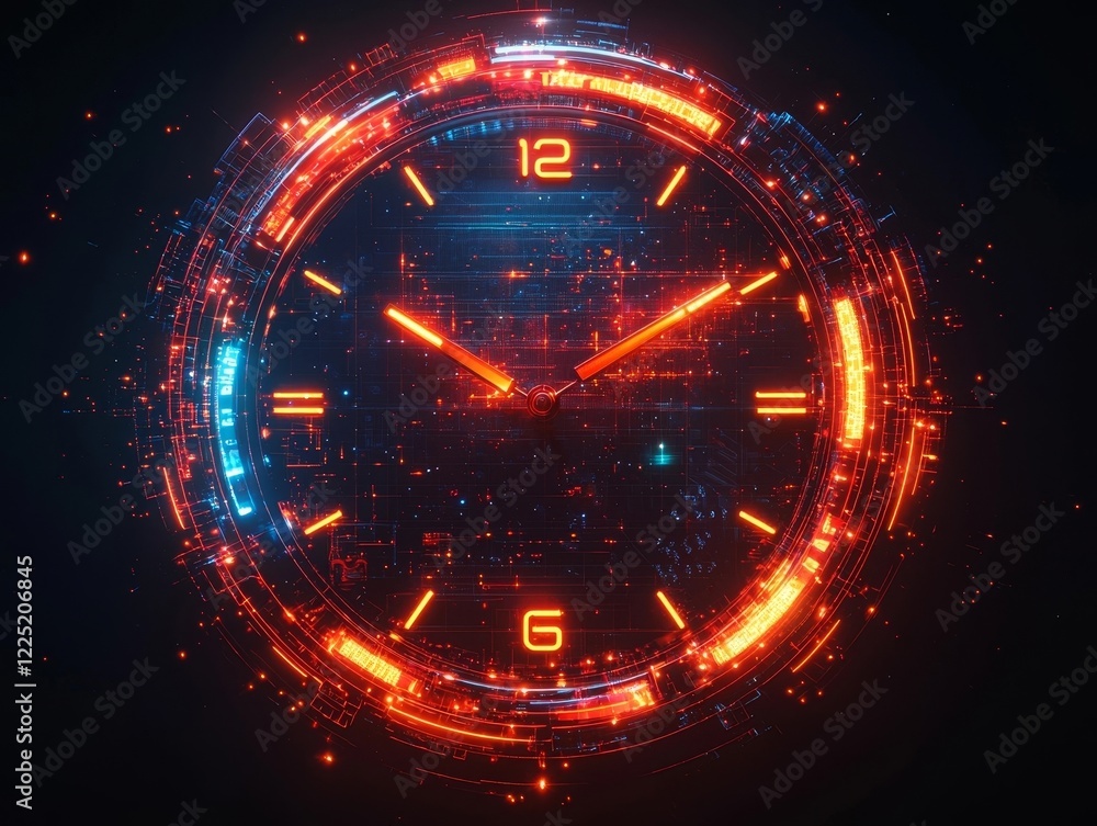 Obraz premium Neon Clock Face with Pulsating Light Rings on Dark Gradient Background