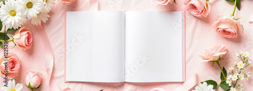 Open blank book with pink roses and daisies on soft background